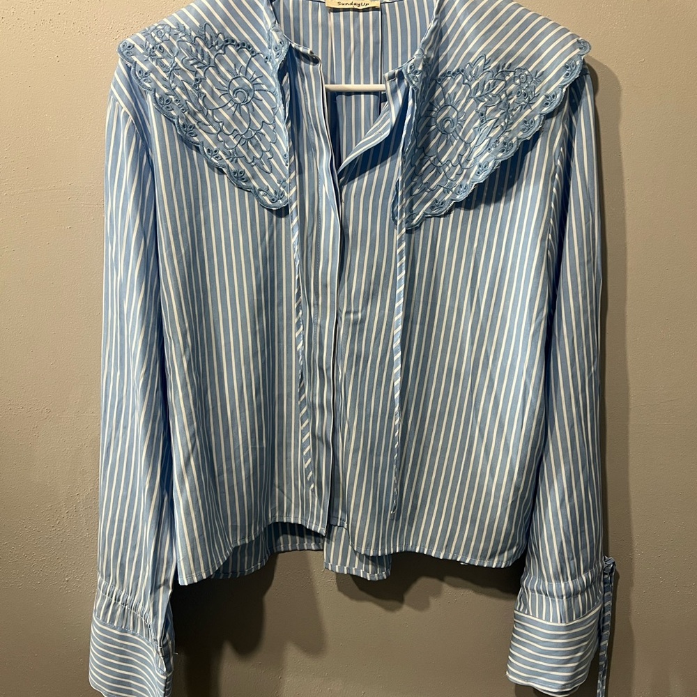Sundayup Blue & White Striped Top W/  Embroidery Large #cottagecore #fairycore